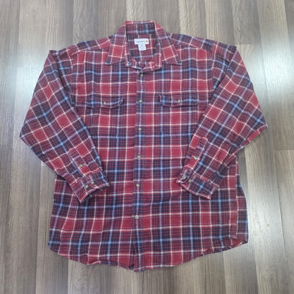 Vintage Carhartt Heavy Cotton Plaid Flannel Shirt Classic Chore Workwear. XL
